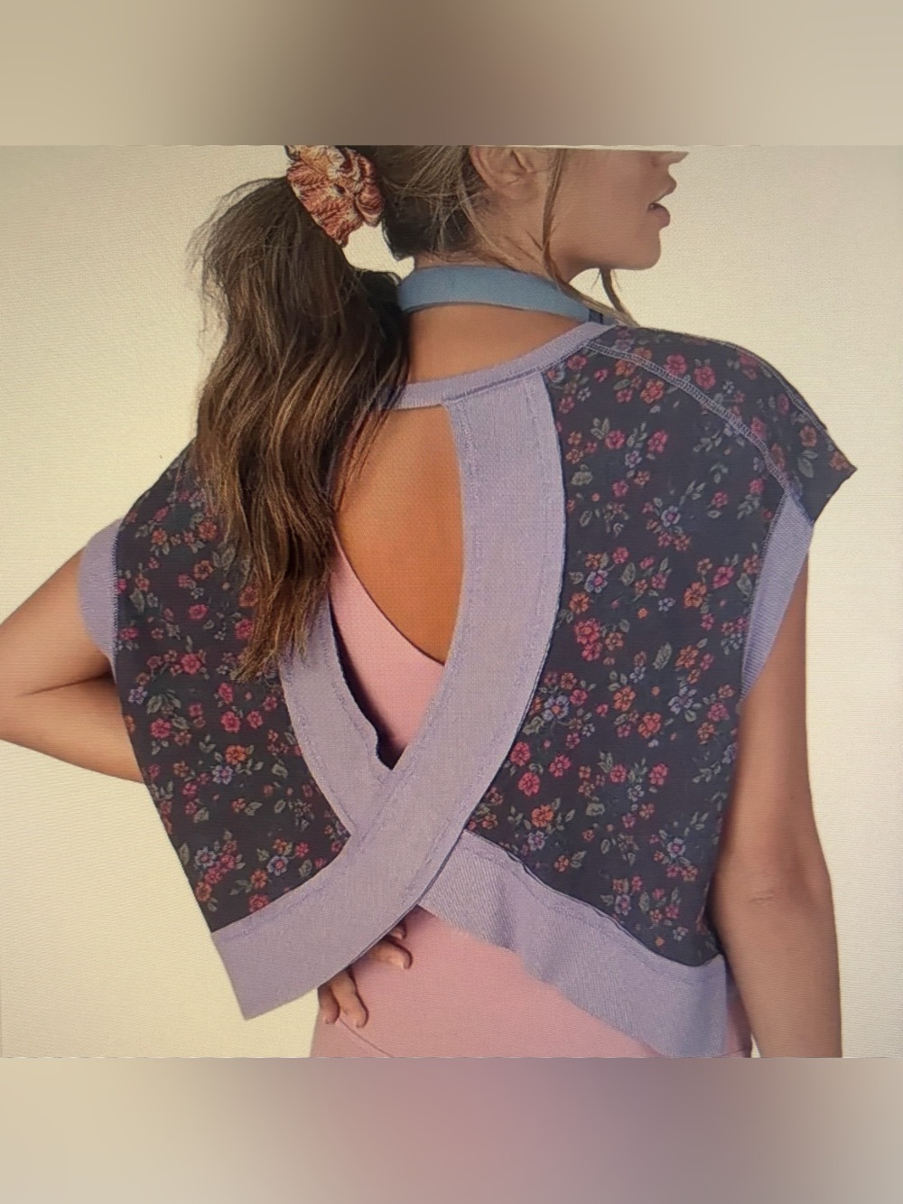 NATURAL LIFE Lavender Trim Floral Crop Top - Navy with Pink Flowers